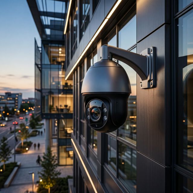 Sistema di videosorveglianza professionale Hikvision su edificio moderno